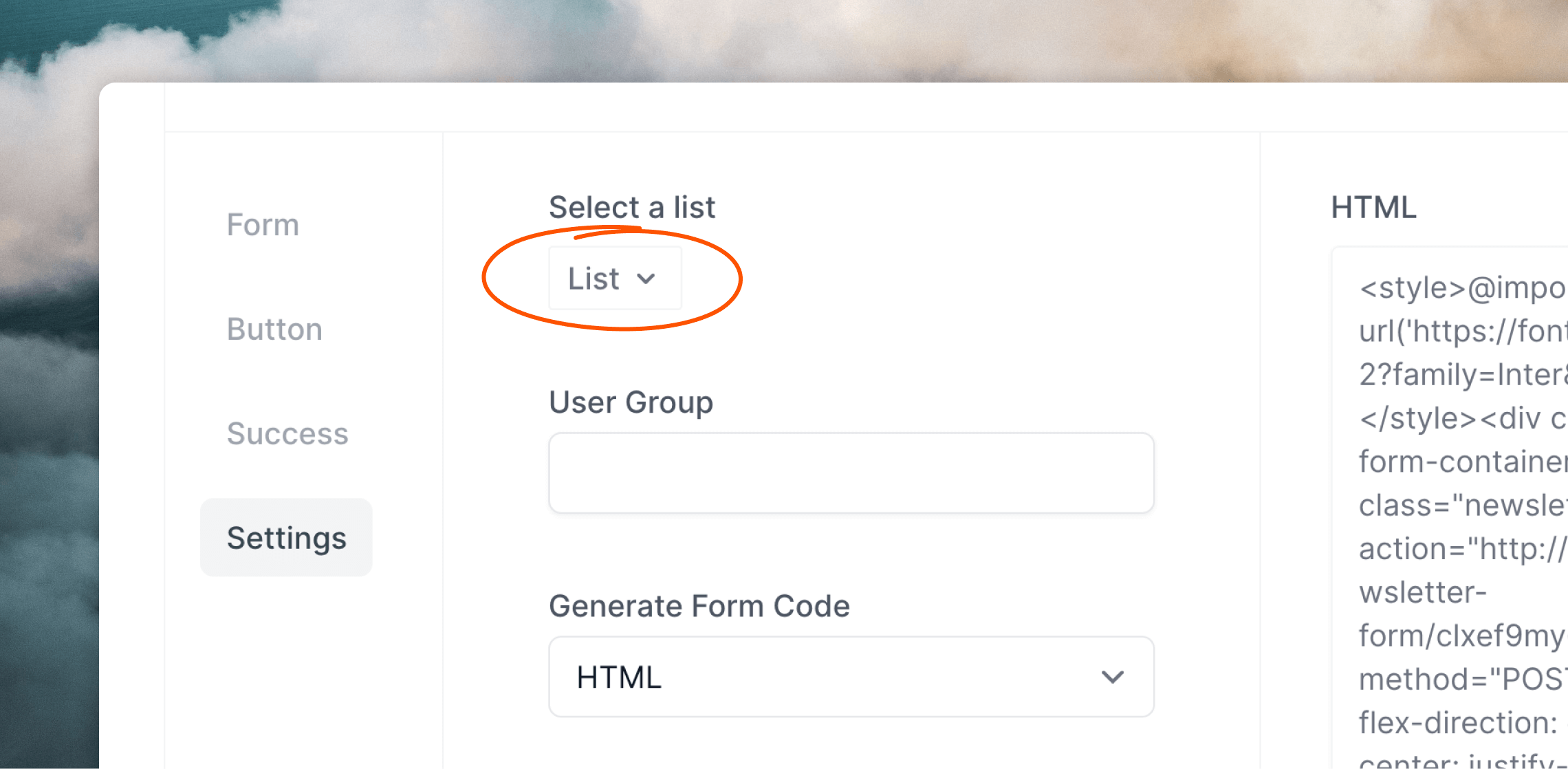 Select a list from the form settings