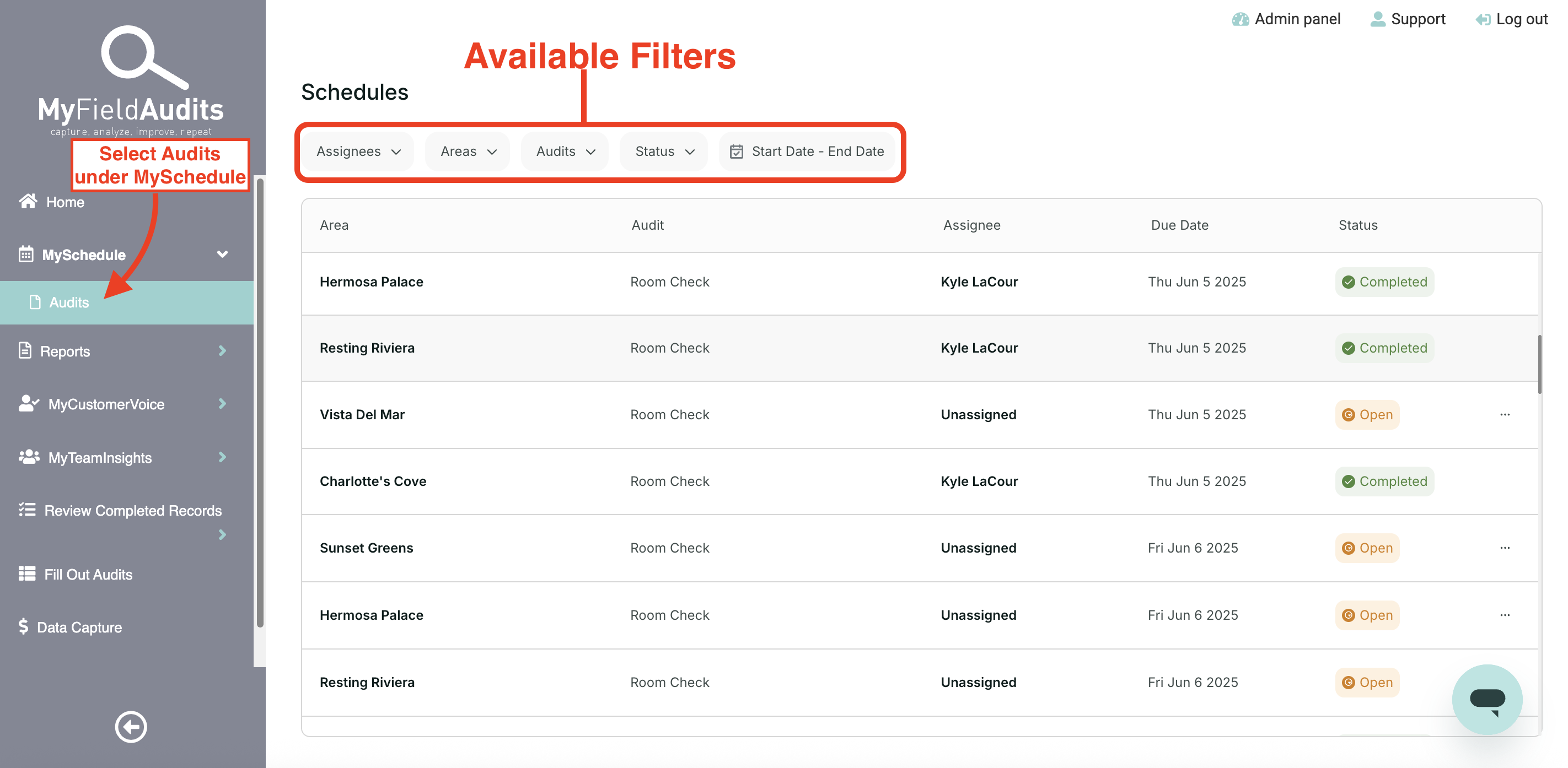 Filtered audit schedule view