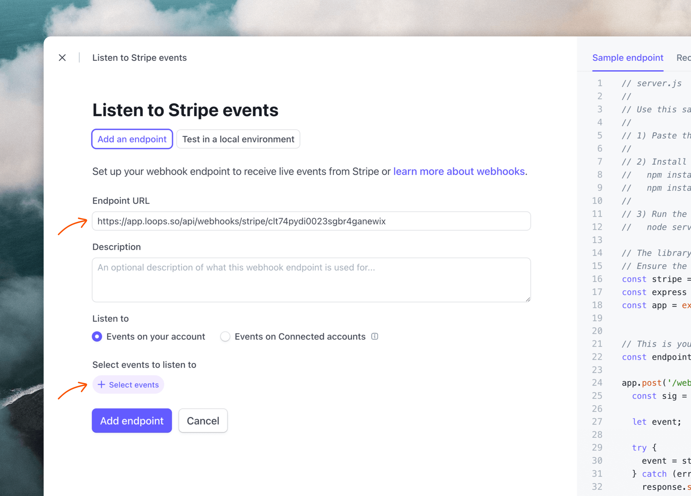 Adding a webhook in Stripe