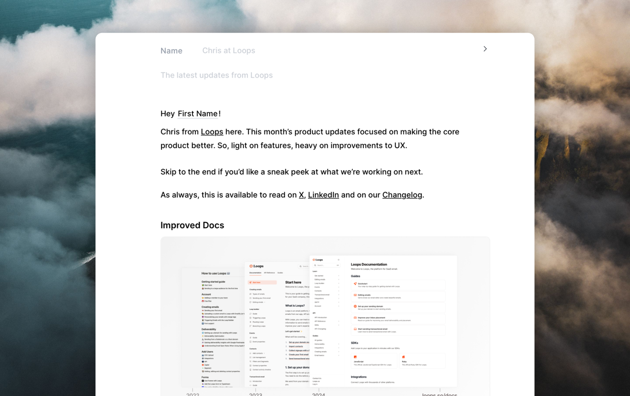 Example of a product update email sent from Loops