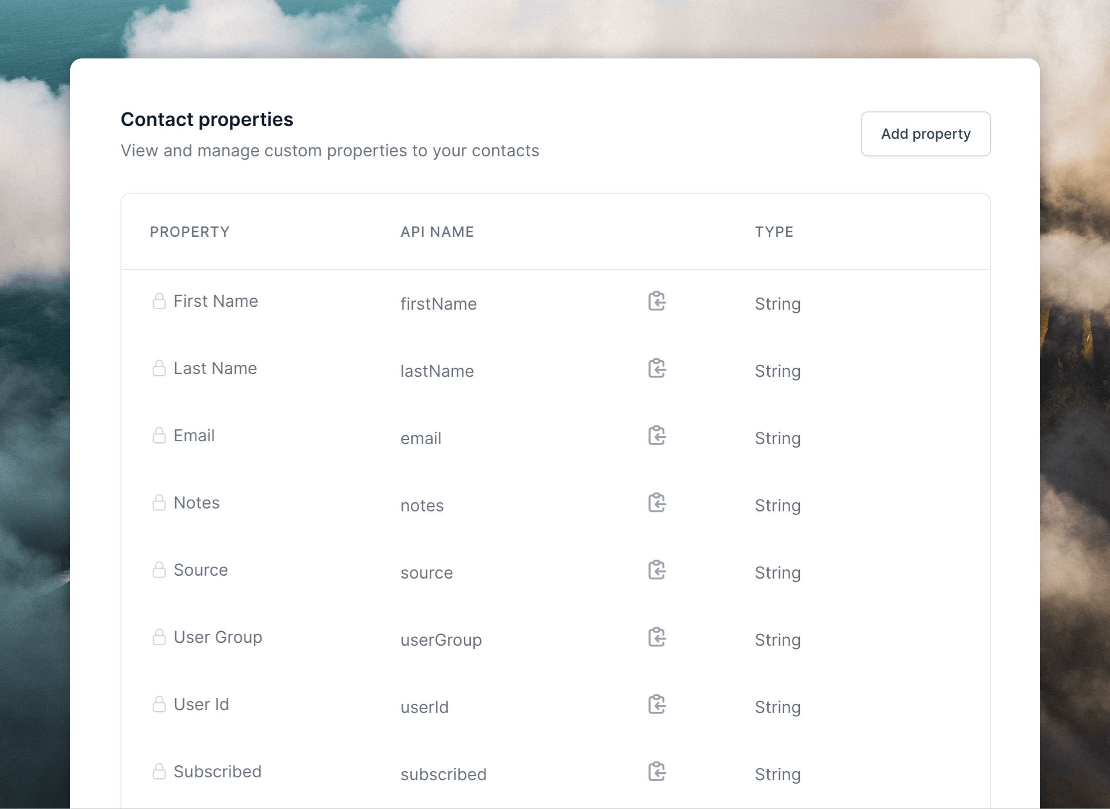 Contact properties table