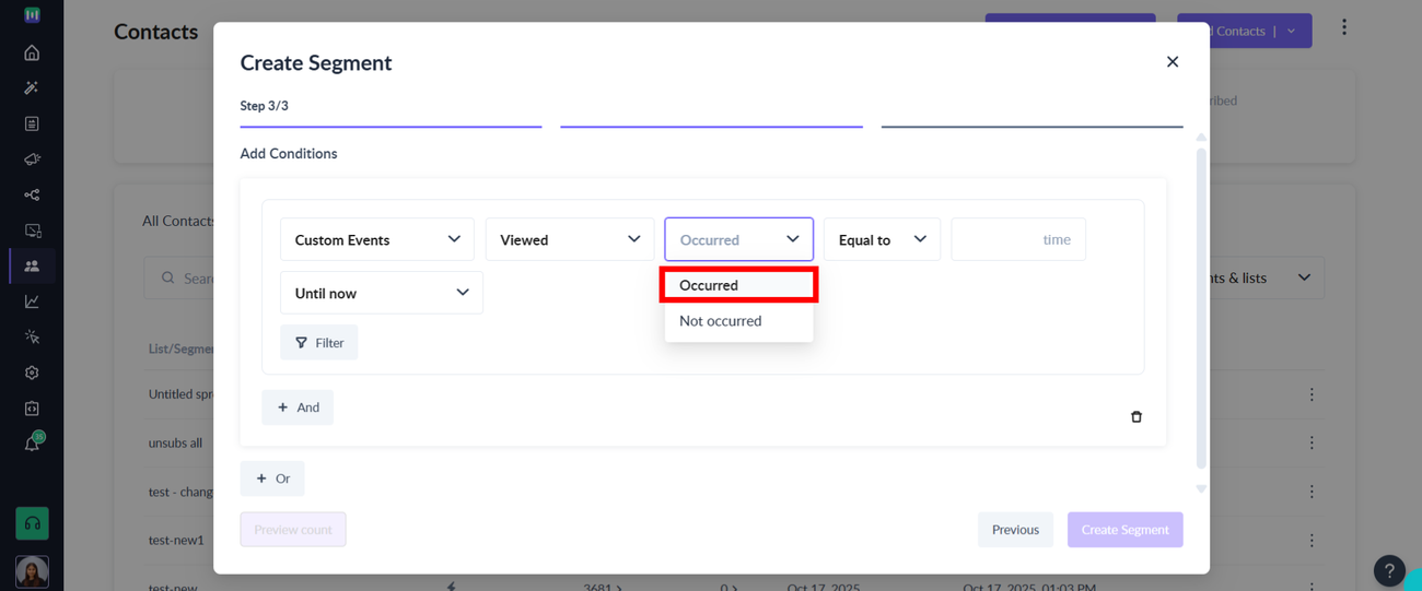 How to segment contacts based on 'Custom Events'