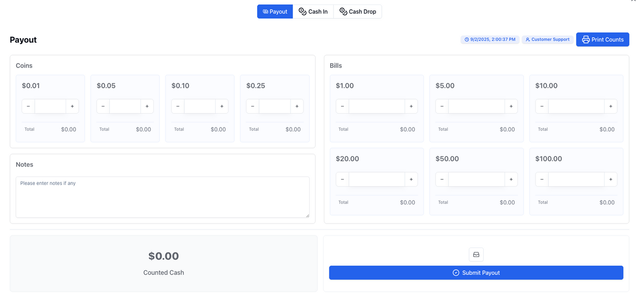 Payouts/Cash In/Cash Drop