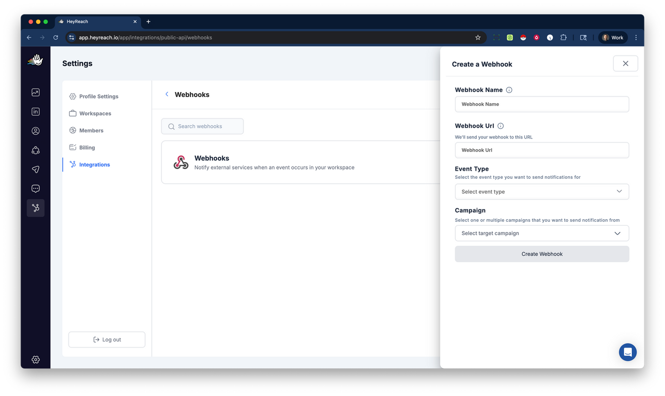 HeyReach webhook guide
