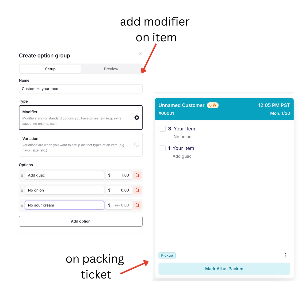 How to offer options for flavors, quantities, or item modifications