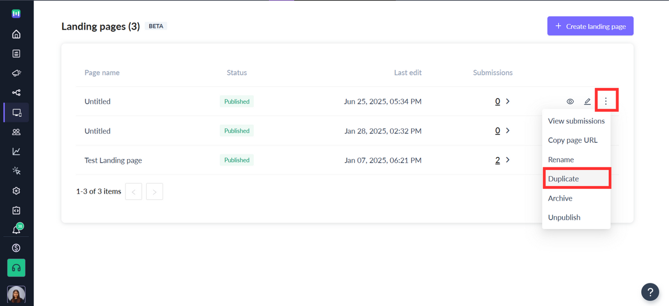 Duplicating landing page