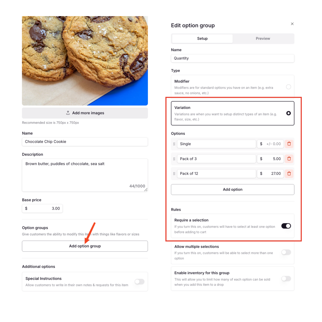 How to offer options for flavors, quantities, or item modifications