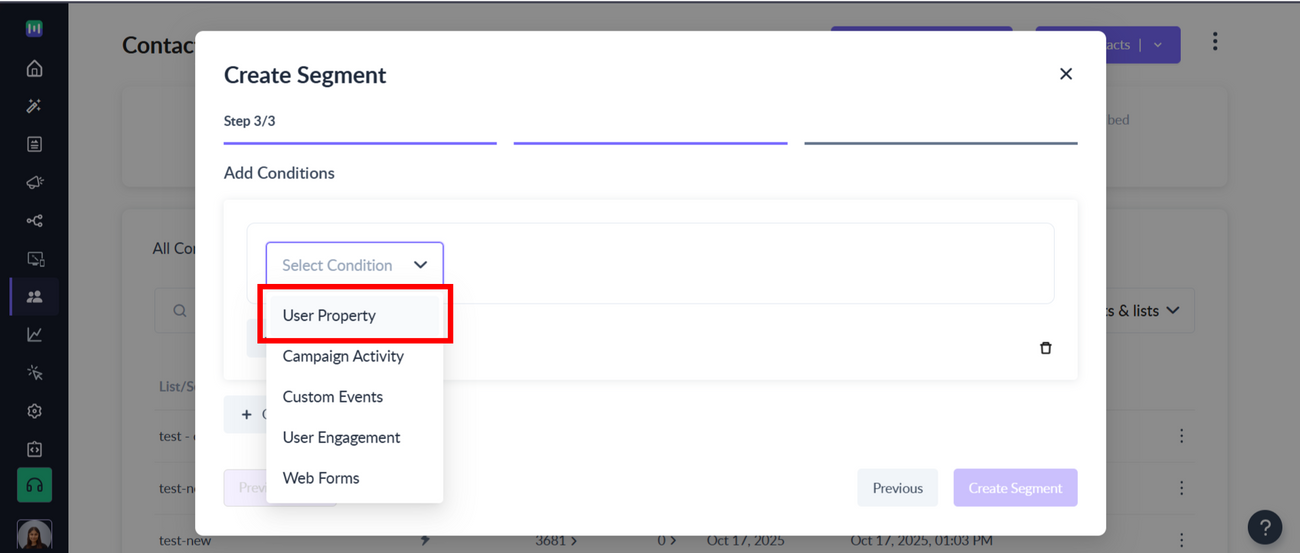 How to segment contacts based on 'User Properties'