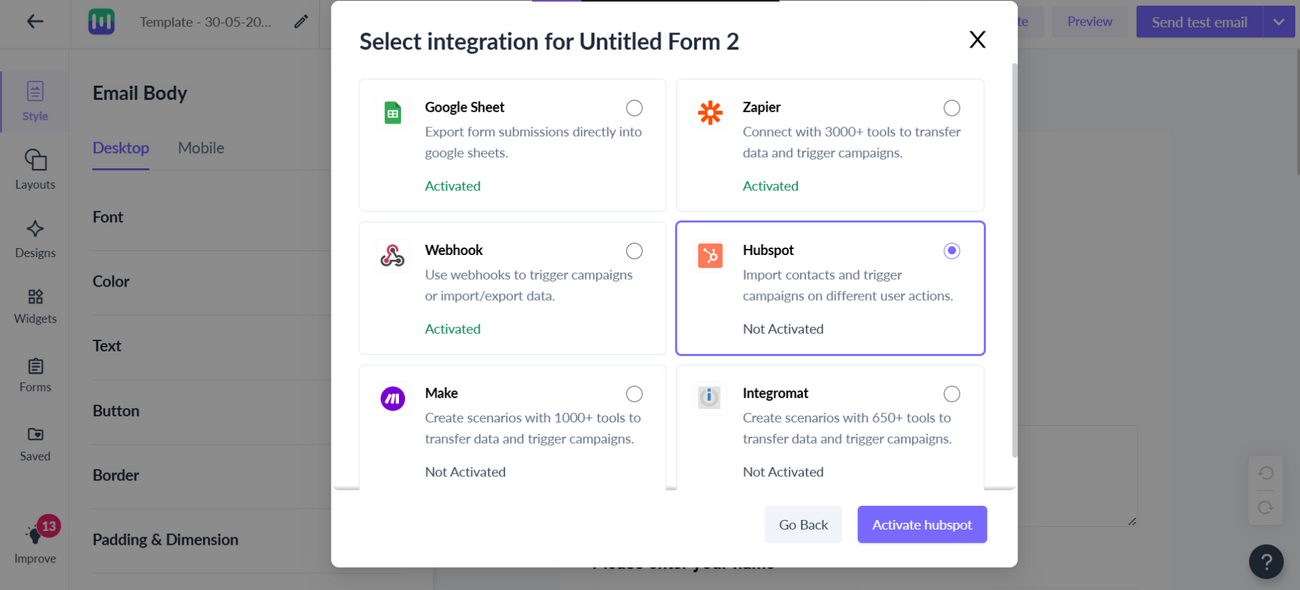 How to export template submissions and create leads in HubSpot from Mailmodo
