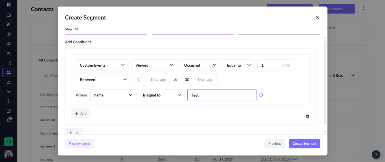 How to segment contacts based on 'Custom Events'