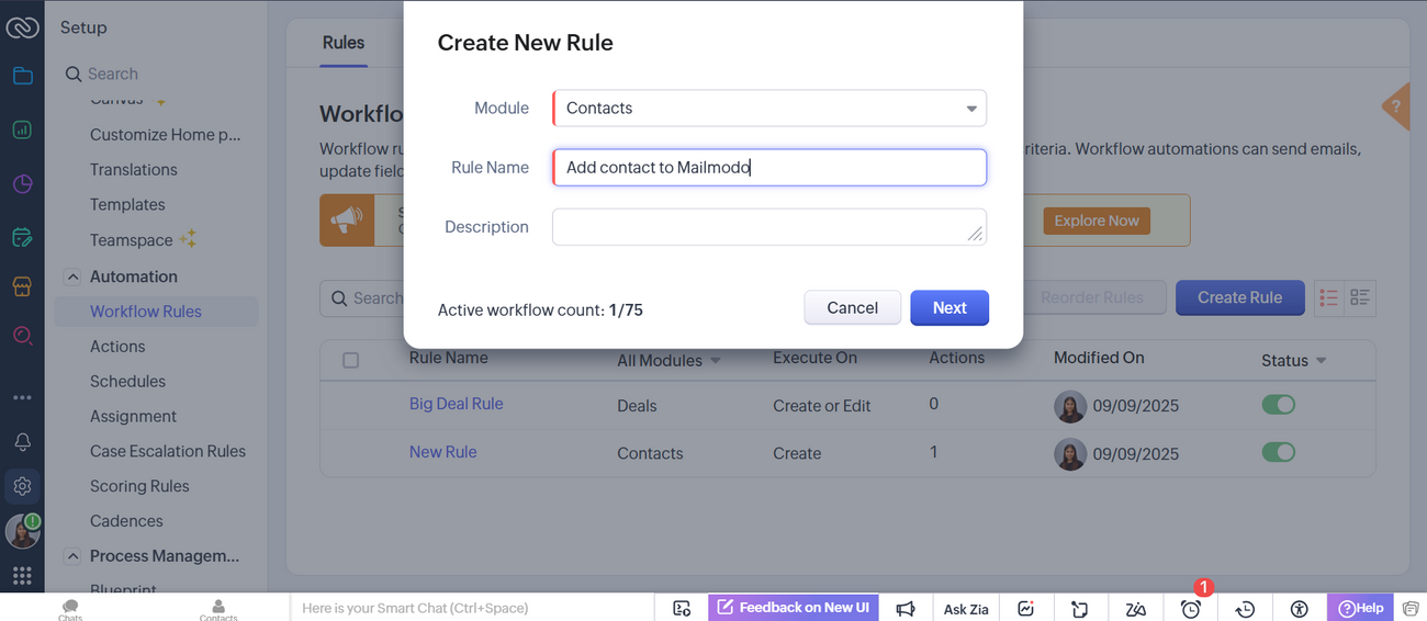 How to send data from Zoho CRM to Mailmodo as contacts