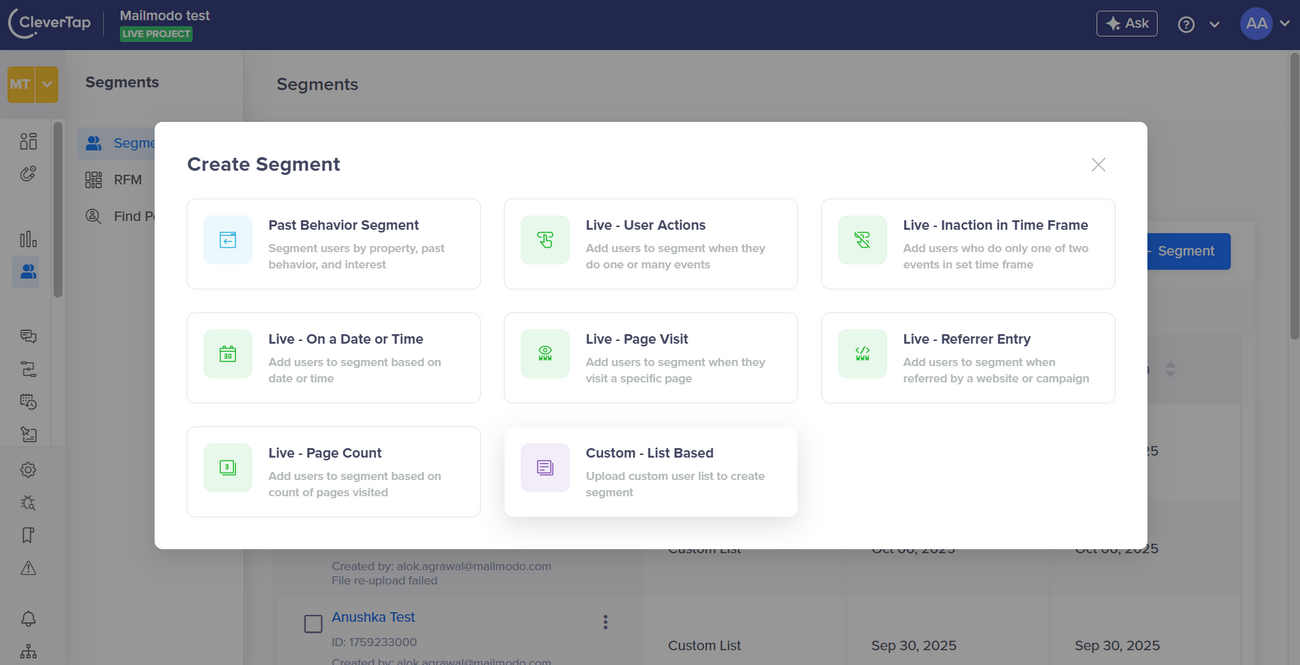 How to pass contacts from Clevertap to Mailmodo