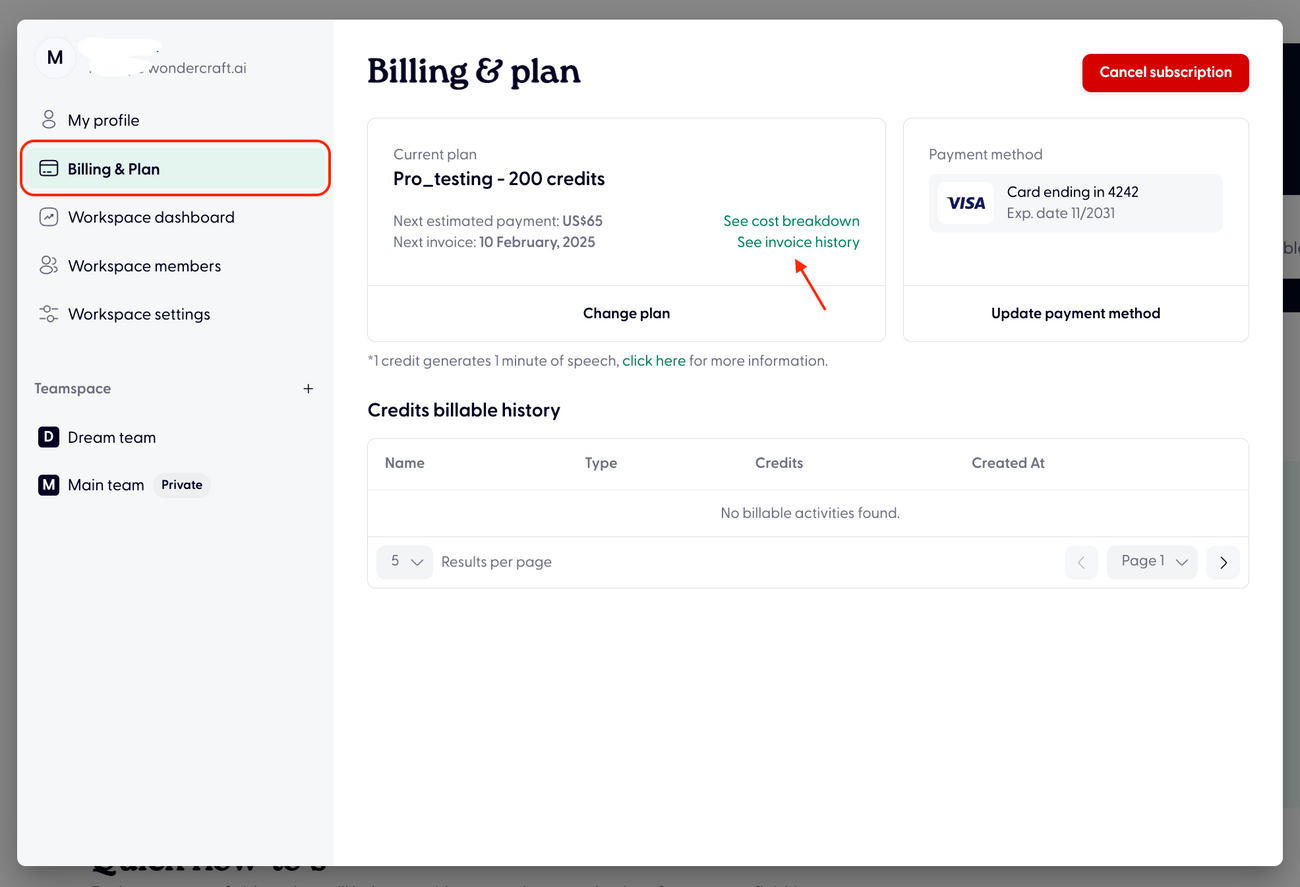 Find payment history and see upcoming charges