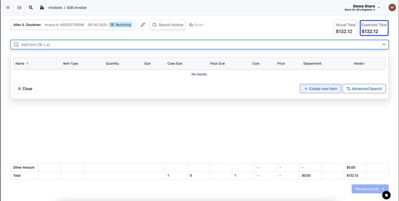 Creating a New Item While Receiving an Invoice