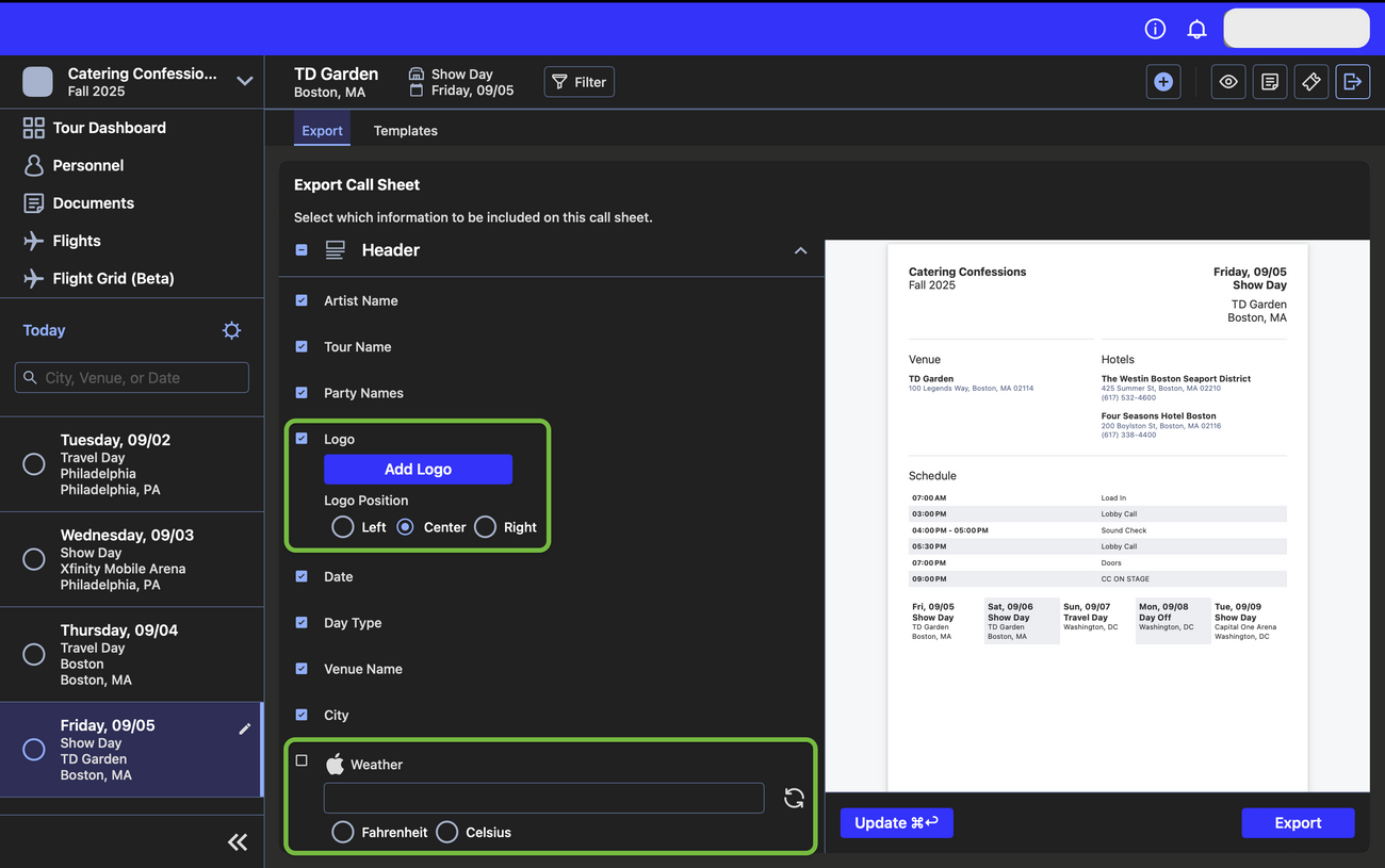 Exporting Daysheets
