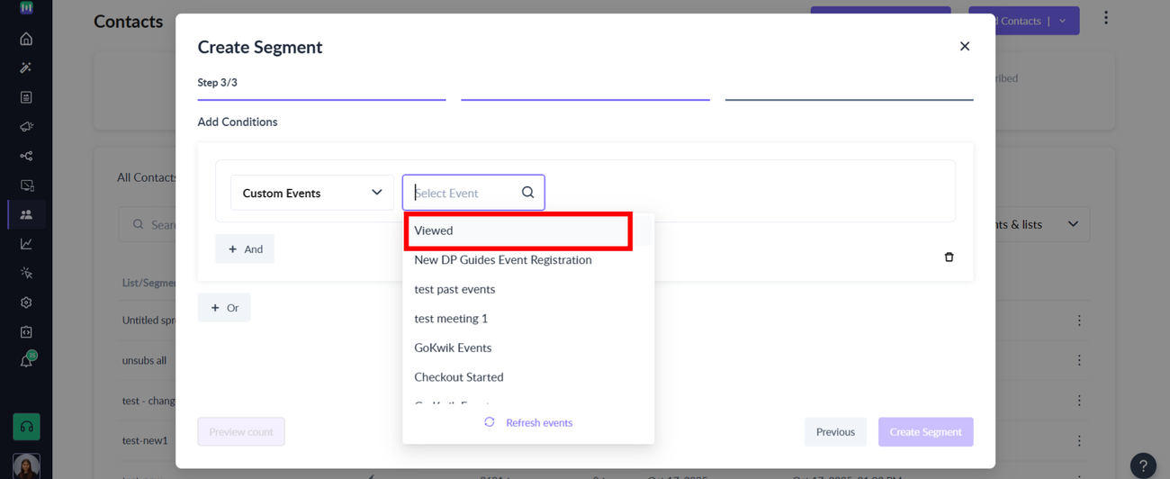 How to segment contacts based on 'Custom Events'