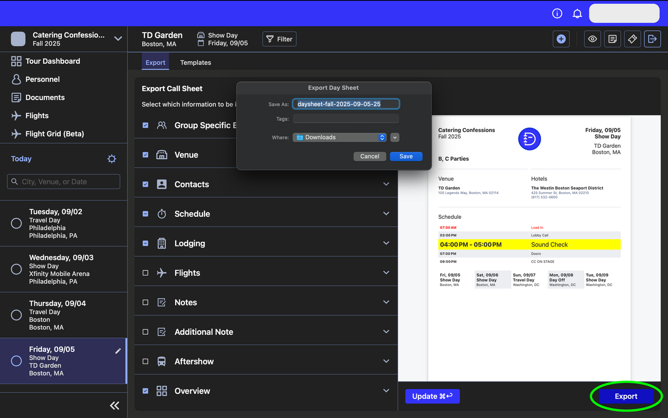 Exporting Daysheets
