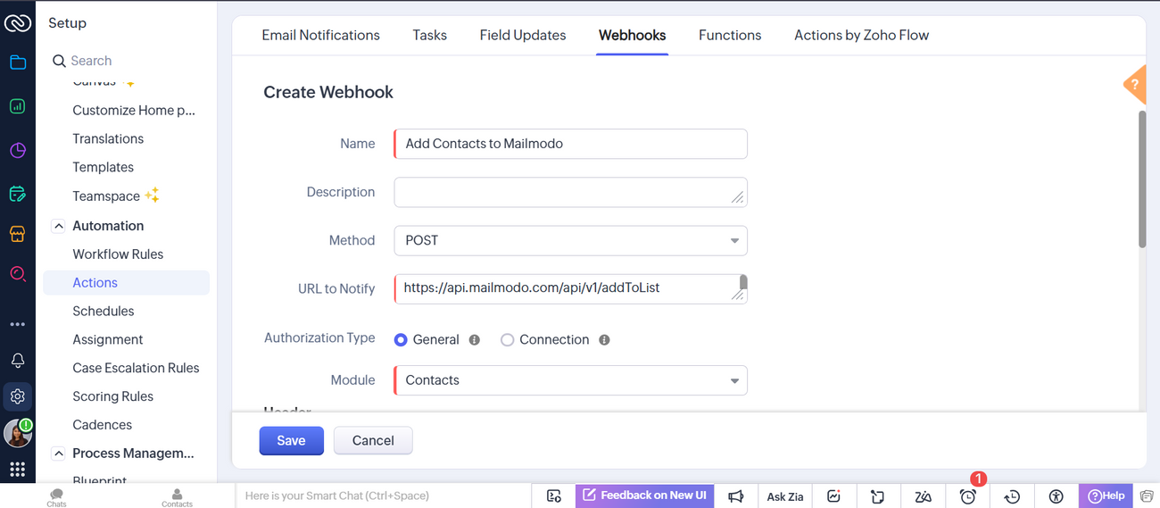 How to send data from Zoho CRM to Mailmodo as contacts