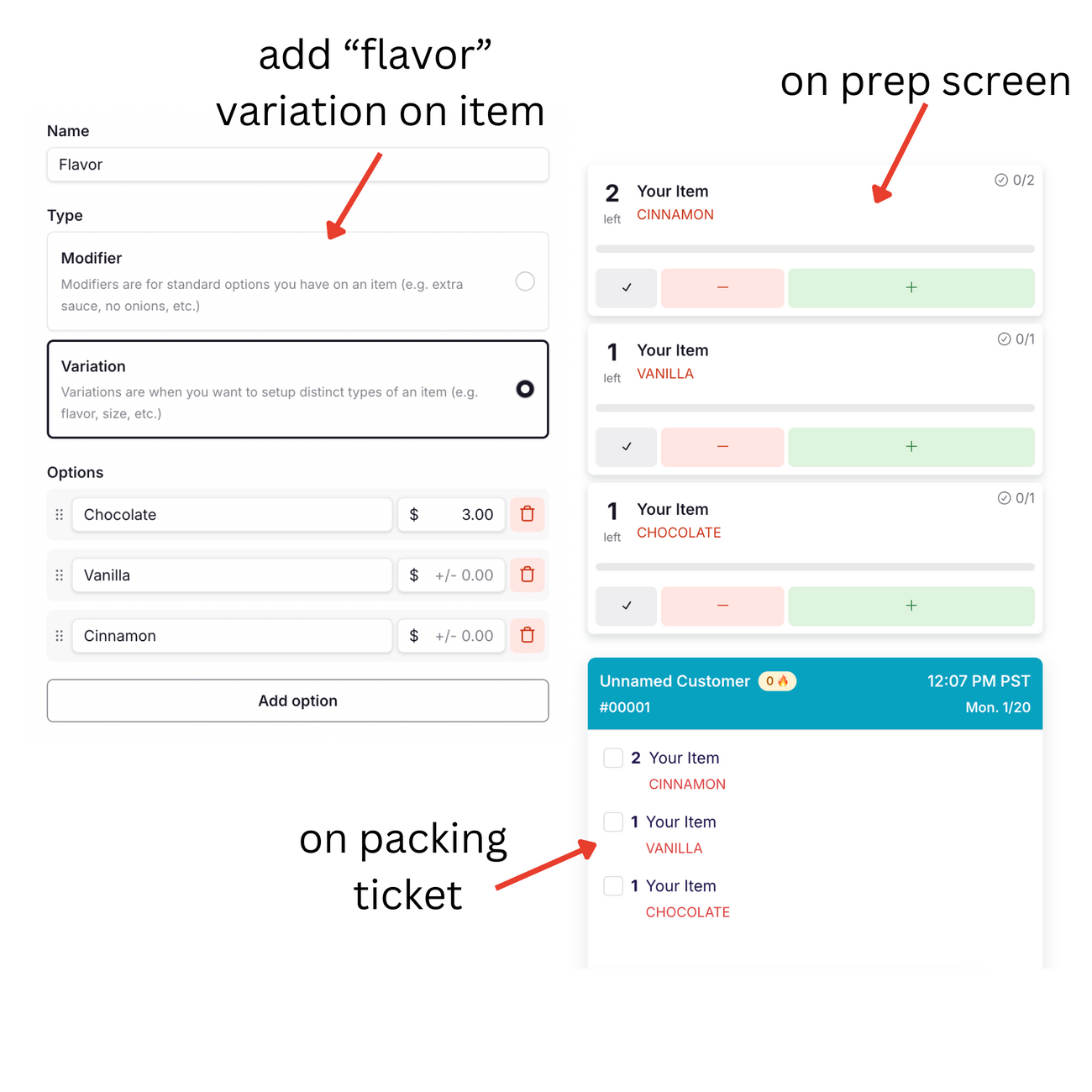 How to offer options for flavors, quantities, or item modifications