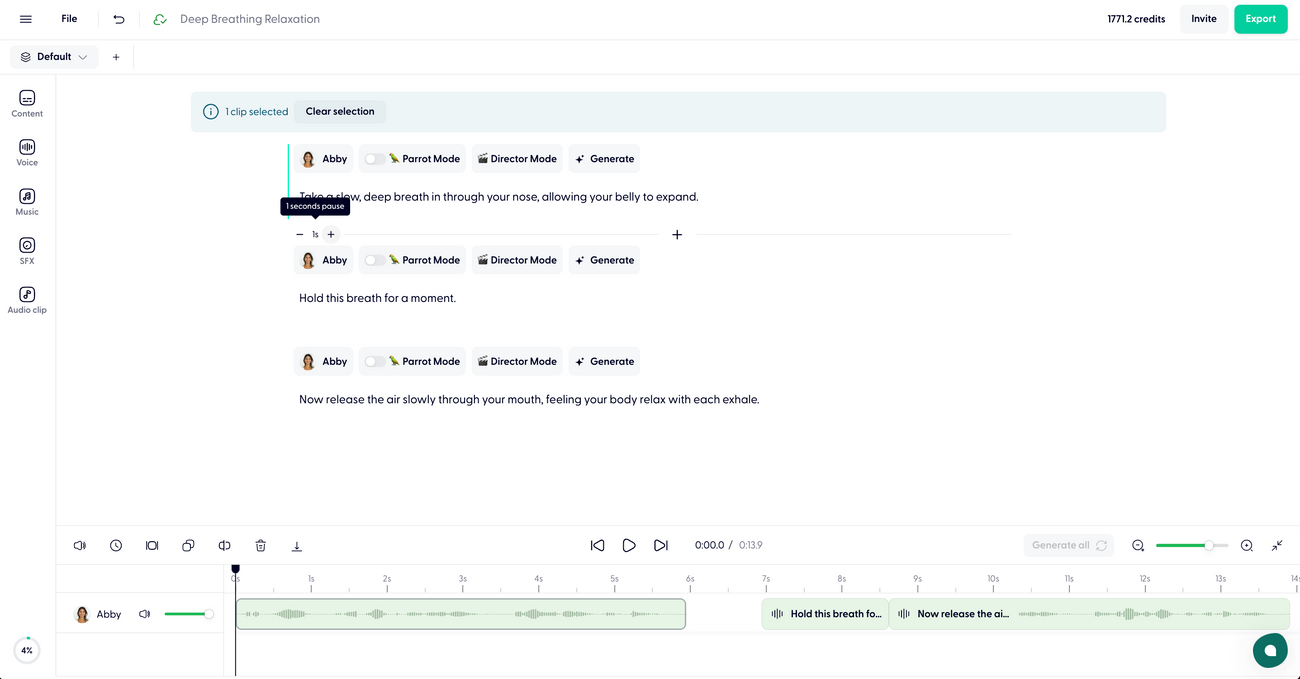 Add pauses in speech and silence periods between audio clips