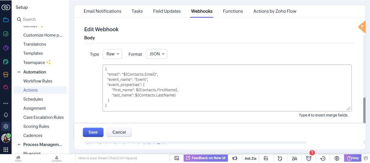 How to send data from Zoho CRM to Mailmodo as custom events