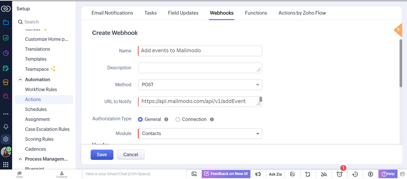 How to send data from Zoho CRM to Mailmodo as custom events