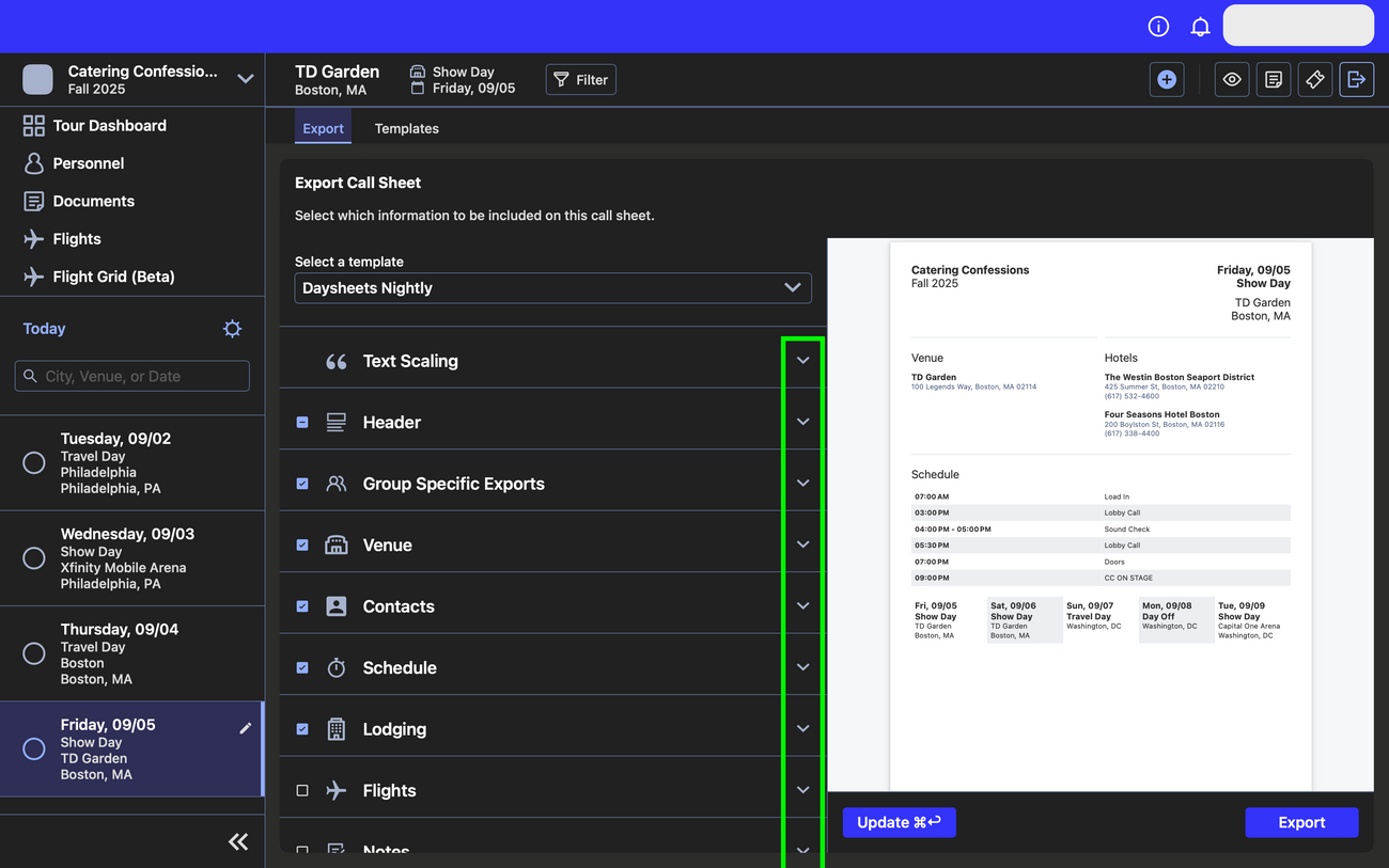 Exporting Daysheets
