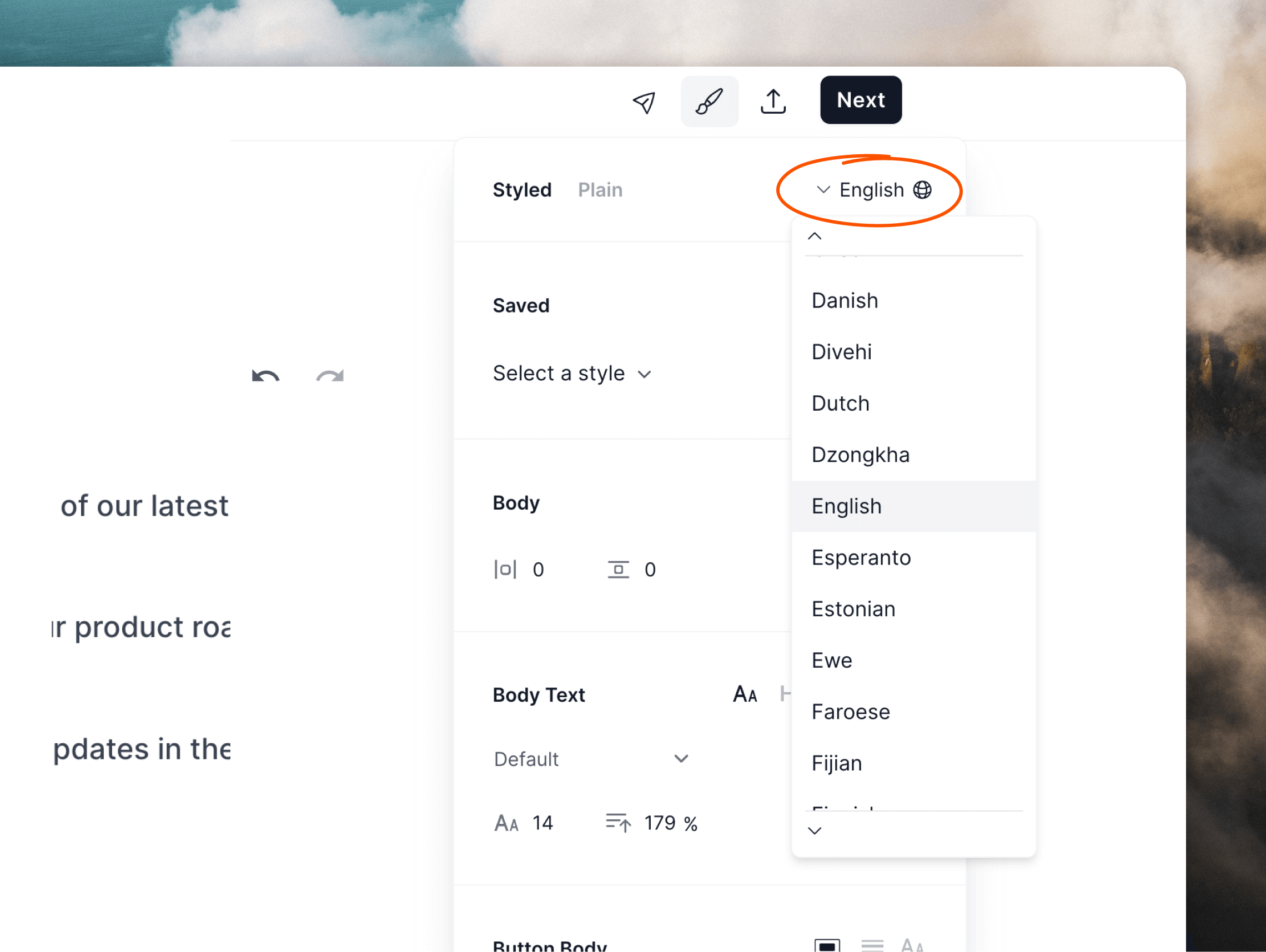 Language selection menu